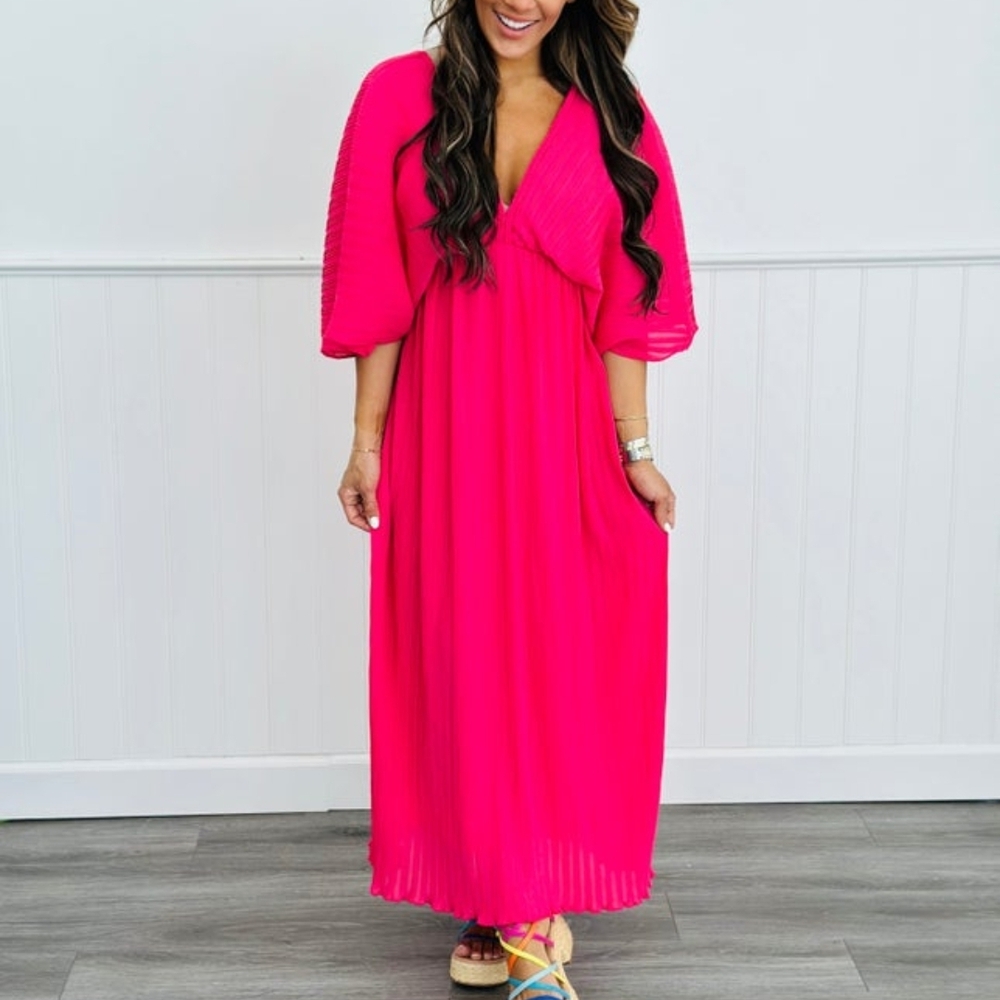 Sew In Love Pink Maxi Dress V-Neck Bishop Sleeves